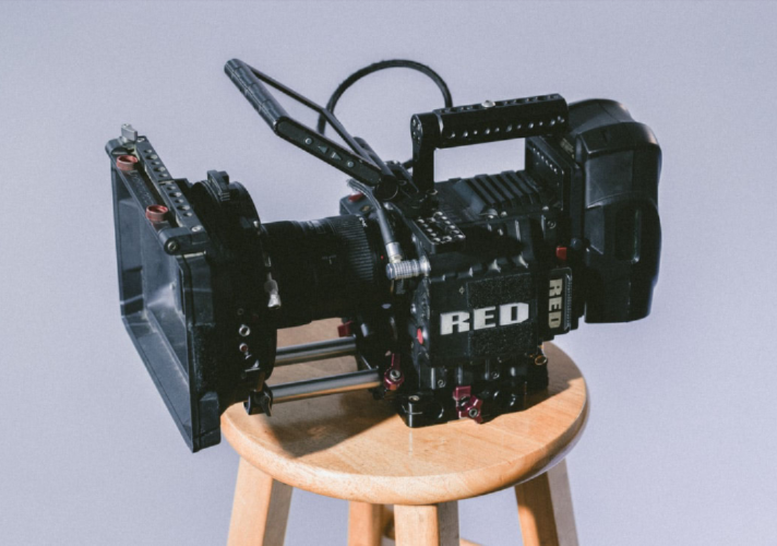professional video camera on stool